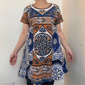 Hand painted Tribal geometric pattern lose fit mini dress or tunic top Size L